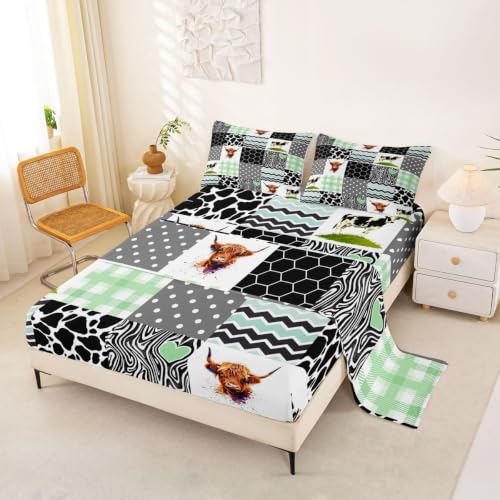 Erosebridal Cute Cow Print Bed Sheets Twin Size Kawaii Highland Cow Bedding Set Bedroom Decor Honeycomb Plaid Pattern Geometric Stripes Sheet Set Cartoon Farm Animals Fitted Sheet, Green Black Grey