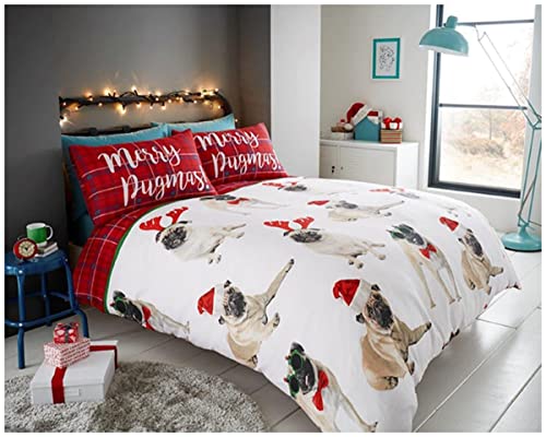 GC GAVENO CAVAILIA Xmas Animal Duvet Covers King Size, Warm Pug Quilt Cover With Soft Pillowcases, Polycotton Bedding Set, Red
