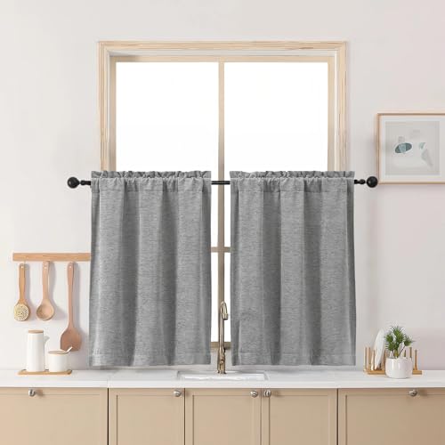 Chyhomenyc Chenille Light Grey Kitchen Curtains 24 Inch Length, Light Filtering Luxury Short Cafe Curtains, Velvet Rod Pocket Half Window Curtain for Bathroom Basement RV Camper, 30Wx24L Inch, 2PCS