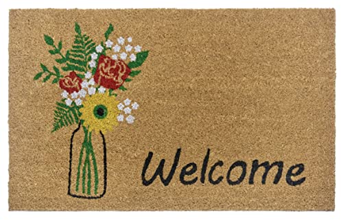 Hanse Home Coconut Doormat for Indoor Use 45 x 75 cm - Door Mat Coconut Mat Dirt Trapper Mat Flowers Welcome Design, Non-Slip for Entrance Area & Covered Outdoor Area - Natural