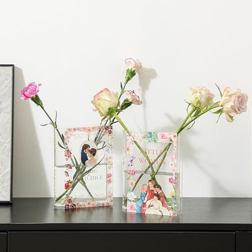 PORPAN Book Vase, Acrylic Book Vase for Flowers, A Book About Flowers Vase, Book Shaped Vase, Book Flower Vase Clear, Modern Decorative Vase for Living Room, Bathroom, Office, Shelf, Set of 2