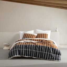 Marimekko - Queen Duvet Cover Set, Organic Cotton Bedding with Matching Shams, Modern Home Decor, GOTS Certified (Tiiliskivi Raita Charcoal, Queen)