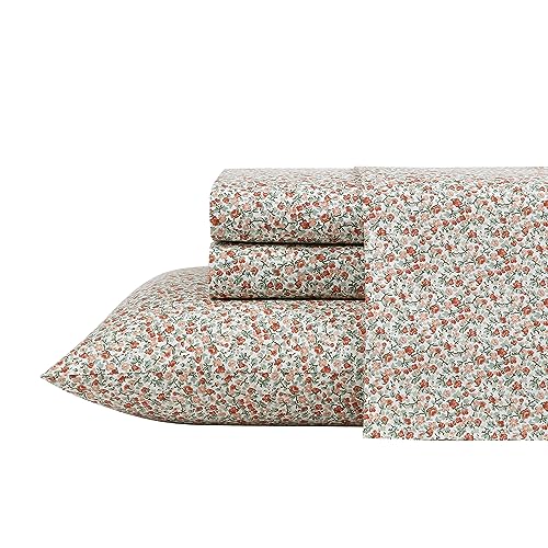 Laura Ashley - King Sheets, Cotton Percale Bedding Set, Crisp & Cool Home Decor (Emogene Burnt Orange, King)