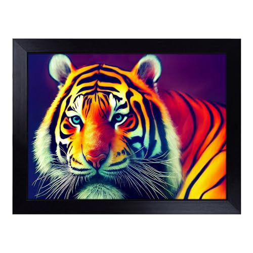 Lap Tray with Bean Bag Cushion, Illuminated Tiger - Handmade in the UK, Raised Wooden Edge, Padded Cushion, Heat-Resistant Wipe-Clean Surface, for Meals, Laptops and Crafts