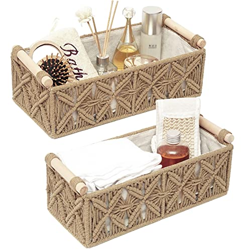 Macrame Storage Baskets - Boho Decor Set of 2 for Organizing Countertop, Toilet Paper, Toilet Tank, Top Shelf, Bathroom, Nursery