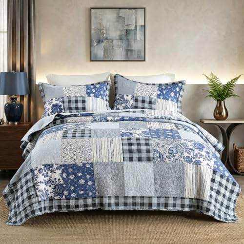 camandy Cotton Bedspread Quilt Bedding Sets 3 Pieces Reversible Coverlet Sets Comforters Rustic Floral Patchwork Blue White Bedspread, Queen Size