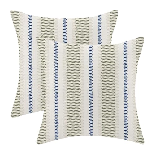 AEIOAE Sage Green Navy Blue Outdoor Pillow Covers 20 x 20 Inch, Beige Polka Dots Stripe Decor Throw Pillows for Couch Bed, Boho Modern Farmhouse Decorative Pillowcase Linen Cushion Cover Set of 2