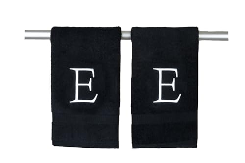 Decorvo Black Monogram Hand Towel for Bathroom - Monogrammed Initial Hotel Quality Decorative Embroidered Luxury Towel for Powder Room, Spa - GOTS Organic Certified - Set of 2 Letter E