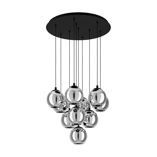 EGLO Cluster pendant lighting Ariscani, ceiling light fitting with 10 shades, hanging lamp for dining room made of black metal and smoked glass in transparent black, E27 socket, 25.8“