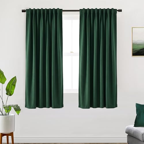 SHINELAND 63 Inch Length Pleated Dark Emerald Green Blackout Curtains for Bedroom, Thermal Insulated Black Out Curtain 63 Inch Long, 52 Inch Wide