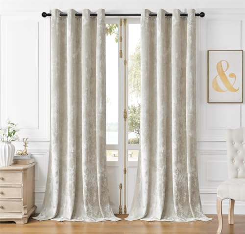SMILETIME Ivory White Crushed Velvet Curtains 52x84in Luxurious Insulated Drapes for Bedroom Thicker Pinch Pleat Light-Filtering Window Panels, 2 Pack