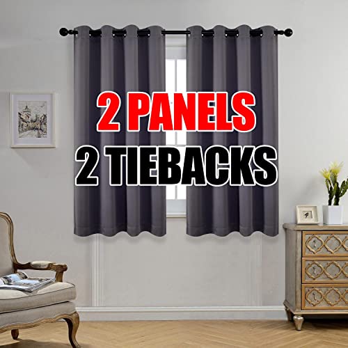 MIUCO 1 Pair Thermal Insulated Grommet 52-Inch-by-63-Inch Blackout Window Curtain Panels with 2 Tie Backs, Dark Grey