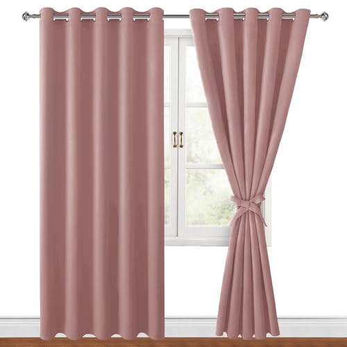 Hiasan Blackout Curtains for Bedroom, 60 x 84 Inches Long - Thermal Insulated & Energy Saving Window Curtains for Living Room, 2 Drape Panels Sewn with Tiebacks, Dusty Rose