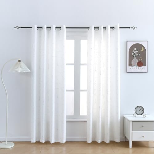 "Taisier Home Silver Linen Grommet Window Curtain Panels Metallic Geo Moroccan Tile Foil Print White Draperies for Bedroom Living Room,Light Filtering Window Treatments,52"" Wx72 L,2 Panels"