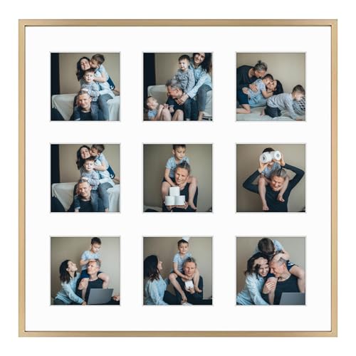 Frametory - 16x16 Aluminum Collage Picture Frame - Display 4x4 Pictures with 9 Openings Mat - Real Glass Front - Horizontal/Vertical Wall Mount - Gold 1 Pack