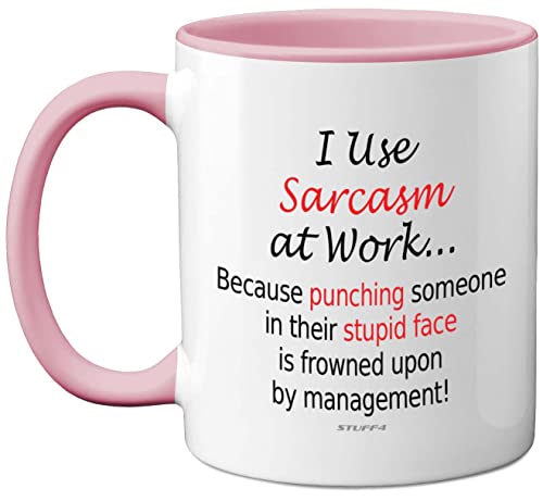 Funny Mugs, I Use Sarcasm at Work - Desk Novelty Mugs for Colleagues, Secret Santa, Christmas Birthday Gifts, 11oz Dishwasher Safe Pink Handle Mug