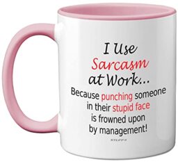 Funny Mugs, I Use Sarcasm at Work - Desk Novelty Mugs for Colleagues, Secret Santa, Christmas Birthday Gifts, 11oz Dishwasher Safe Pink Handle Mug