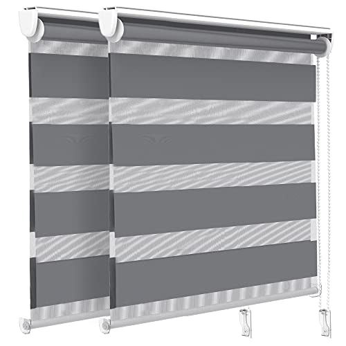 VOUNOT® Set of 2 Day and Night Blinds No Drill, Zebra Roller Blinds for Windows, Double Layer Translucent and Blackout Fabric, Easy Installation Window Shades, Grey, 45 x 150 cm