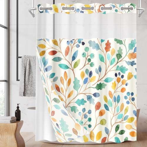 Nesphy No Hook Colorful Leaves Ivory Shower Curtain with Snap in Fabric Liner Set, Floral Leaf Modern Double Layers Waterproof Fabric with See Through Top Window Open Grommet Bath Curtain 71x74 Inch