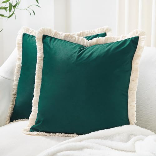 MONDAY MOOSE Decorative Throw Pillow Covers Cushion Cases, Set of 2 Soft Velvet Modern Fringe Tassel Designs, Mix and Match for Home Decor, Pillow Inserts Not Included (Teal Green, 18x18 inch)
