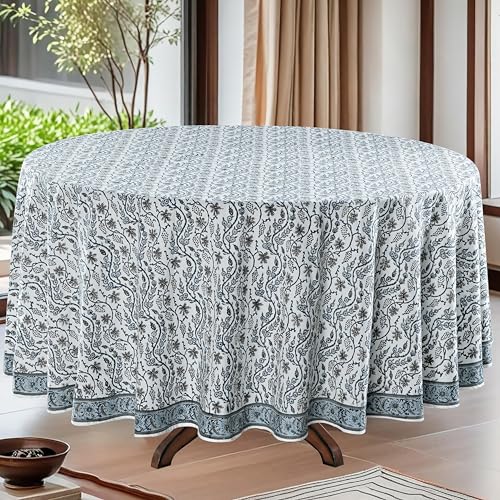 Ridhi Round Tablecloth Hand Block Print 100% Cotton Reusable Baby Blue Eyes 60 Inch Table Cover Decorative Everyday Use for Dining, Home, Party, Wedding, Farmhouse, Party Gift for Spring, Mother's Day
