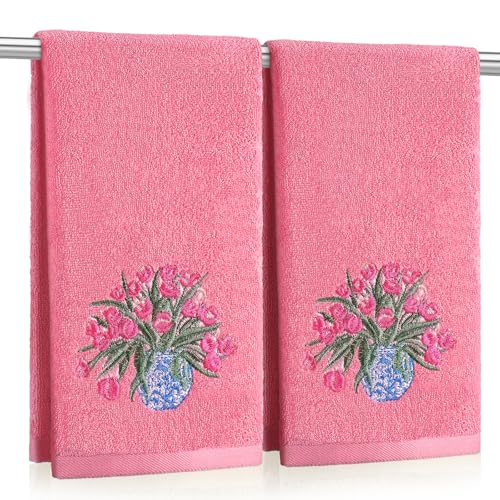 Frienda 2 Pcs Chinoiserie Vase Tulip Hand Towels Pink Bathroom Decor 29.5x13.8 in Embroidered 100% Cotton Soft Absorbent Spring Summer Decorative Hand Towels for Bathroom Kitchen