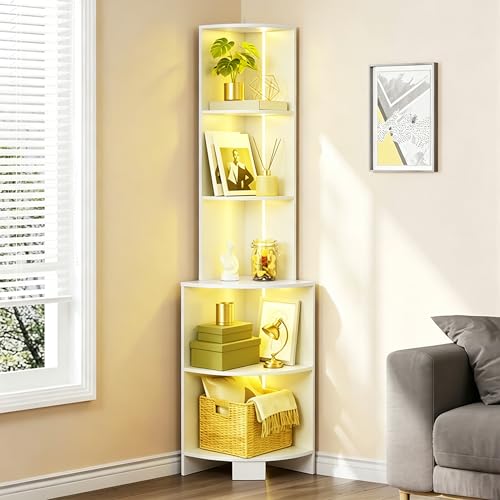 YITAHOME 5 Tier Corner Shelf Unit with 7 Colour LED Lights, Tiered Corner Bookcase for Small Spaces, Corner Shelves Display Unit Storage Shelving Unit for Living Room Bedroom, 35x35x167cm, White