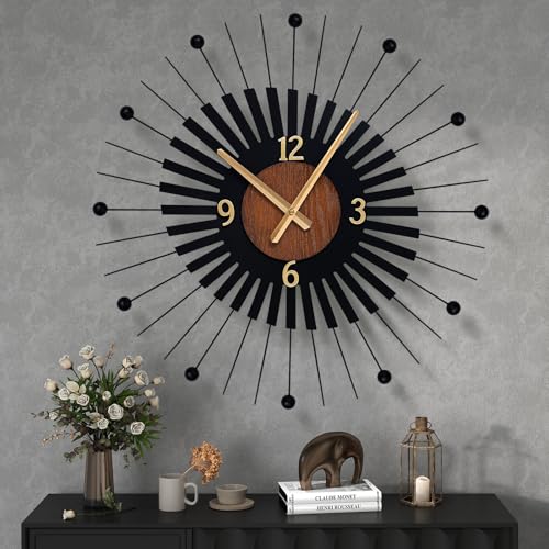 22 Inch Modern Sunburst Wall Clock Battery Operated, Black Metal Radiating Design with Walnut Wood Center, Silent Quartz Movement, Gold Hands ??? Decorative Clocks for Living Room, Office, Bedroom
