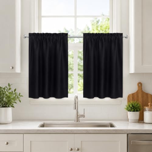 Aquazolax Kitchen Curtains 36 inch Length, Rod Pocket Privacy Curtain Tier/Small Caf?? Curtain/Kitchen Windows Curtains Over Sink 2 Panels Set, 28 Inch Wide by 36 Inch Length, Black