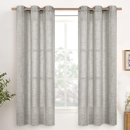 YoungsTex Linen Curtains 63 Inches Length Dark Grey Textured Light Filtering Drapes with Bronze Grommet for Short Living Room Bedroom, 2 Panels, 42 X 63 Inch