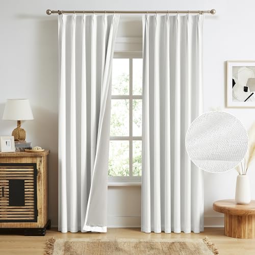 "MAIHER Full Blackout Linen Curtains 90 Inch Length Pinch Pleat Curtains 2 Panels Set, Heat Saving Pleated Drapes with Back Tab Hooks for Traverse Rod and Track, 40"" W x 90"" L, Greyish White"