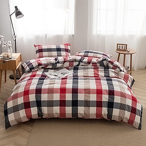 FACE TWO FACE Bedding Duvet Cover Set100% Washed Cotton Duvet Cover Linen Like Textured Breathable Durable Soft Comfy (Queen, Blue red Grid)