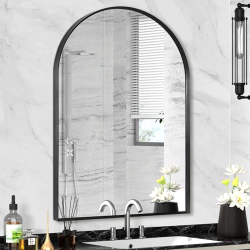 "Minuover 22"" x 30"" Black Arched Mirror, Arch Wall Mirror, Metal Frame Black Bathroom Mirror, Arched Top Bathroom Vanity Mirror for Living Room, Bedroom, Entryway, Tempered Glass, Shatter Proof"