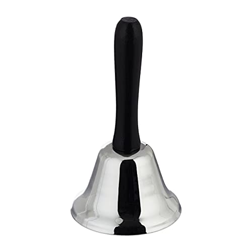 Relaxdays Loud Table & Hand Bell, Office Desk Call Bell with Wooden Handle, Christmas, Desk Bell, 12 cm, Silver