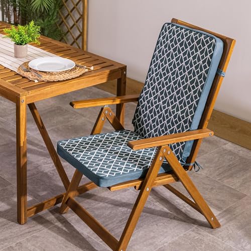 Bean Bag Bazaar Outdoor High Back Seat Pad, Geometic Grey, Garden Chair Seat Cushion with Fibre Fill Included, Water-Resistant, Cushions with ties for Chair, Garden, Patio Furniture