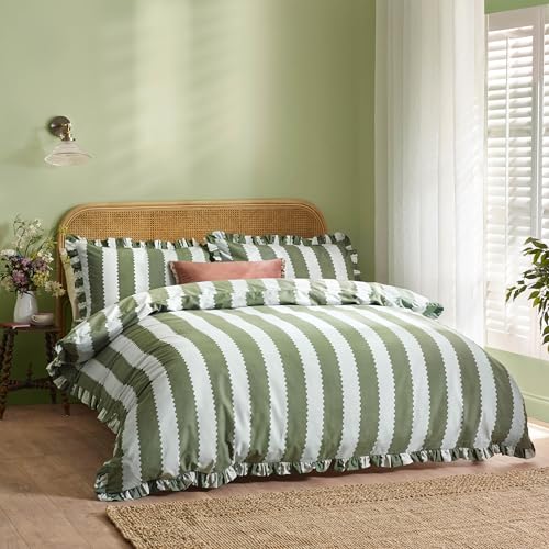 Wylder Birdie Stripe Duvet Cover Set – Reversible Ruffled Cotton Rich Striped Bedding (Baygreen/Mist - Single)