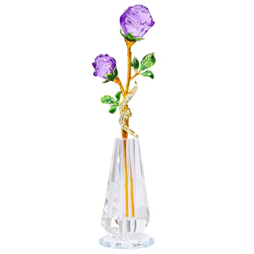YWHL Handmade Purple Rose Flower Crystal Figurine with Vase, Bouquet Glass Flowers Ornament Rose Gifts for Wife Women, Crystal Flower Home Table Decor for Anniversary Mother's Day Wedding