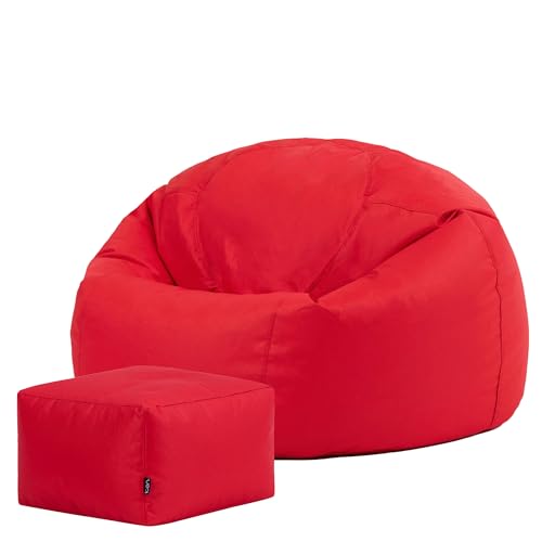 Bean Bag Bazaar Kingston Outdoor Bean Bag and Footstool, Red, Garden Chair with Footstool, Water Resistant Fabric, Large Gaming Beanbag with Filling Included, Garden Seat, Outdoor Seating