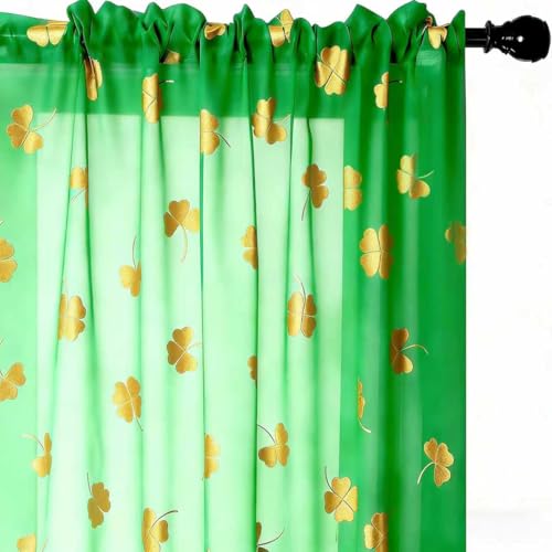 Youleyar St. Patrick's Day Sheer Curtains,Clover Gold Foil Print Voile Sheer Curtains 2 Panels (Clover,52 W x 96 L)