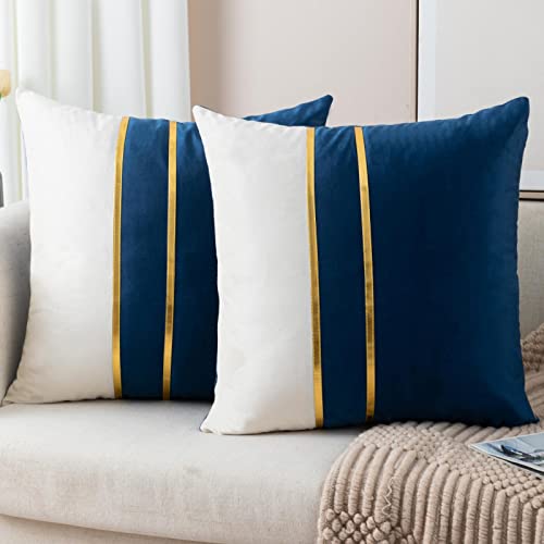 ZLINA Set of 2 Velvet Decorative Throw Pillow Covers Navy Blue White Patchwork with Gold Leather Pillow Covers 18 ?? 18 Inch Cushion Covers Decor Living Room Sofa Bedroom Car
