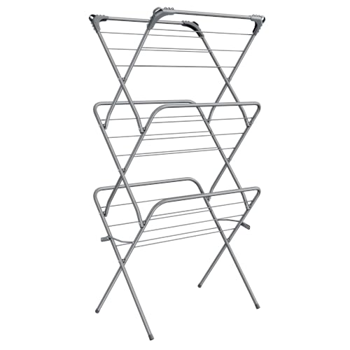 SONGMICS Foldable Clothes Airer, 15 m Drying Space, 64.2 x 50.2 x 146 cm - Clothes Drying Rack, Steel Frame, Indoor Outdoor Use, Dove Grey, BUNJI Collection LLR715G01