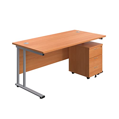 Office Hippo Professional Cantilever Office Desk With 3 Drawer Mobile Pedestal, Wood, Beech, Silver Frame, 160 x 80 x 73 cm