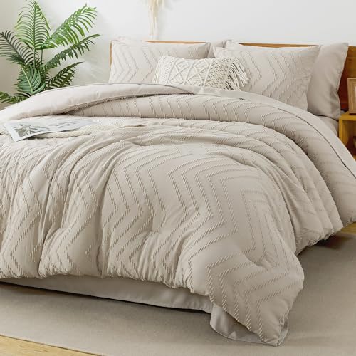 Litanika Oversized King Comforter with Sheets, 7 Pieces Boho Bed Set - Dark Oatmeal Bed in a Bag Fluffy Lightweight Neutral Soft Warm Chevron Tufted Textured Bed Set