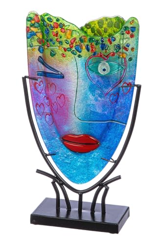 GILDE GLAS art Decorative Vase Face Vase - Hand-Painted Glass Vase with Metal Stand - Decoration Living Room Height 38.5 cm Multi-Colour
