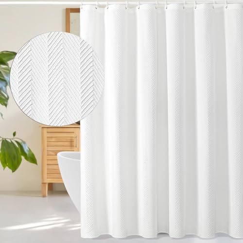 Gibelle Extra Long Shower Curtain 72 x 84, Tall 3D Embossed Textured White Fabric Shower Curtain for Bathroom, Modern Farmhouse Boho Herringbone Decorative Shower Curtain Set with Hooks