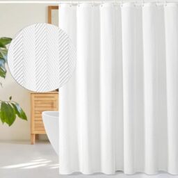 Gibelle Extra Long Shower Curtain 72 x 84, Tall 3D Embossed Textured White Fabric Shower Curtain for Bathroom, Modern Farmhouse Boho Herringbone Decorative Shower Curtain Set with Hooks