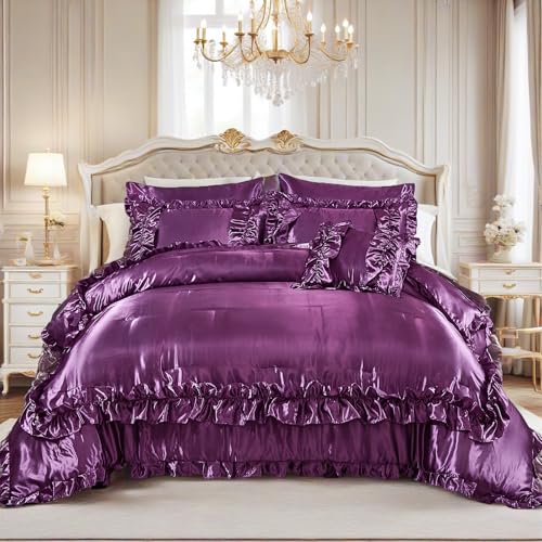 MOVE OVER Silk Like Satin Comforter Set Queen Size 8 Pieces Purple Satin Ruffle Bed in a Bag Farmhouse Style Luxury Silky Bedding Comforter Set for Women and Teens