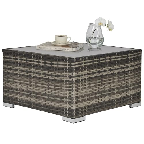 Outsunny Rattan Garden Coffee Table, 65 cm Square Garden Rattan Table with Tempered Glass Top, All-Weather Wicker Bistro Outdoor Furniture for Patio, Balcony, Porch, Deep Grey