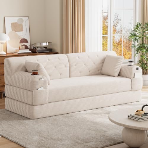 Ball & Cast Folding Sofa Bed 208cm King Size, Convertible Modular Sofa, Corduroy Boneless Couch with Metal Frame, 3 Seater Floor Futon Mattress, Non Slip Base, Washable Cover,Black