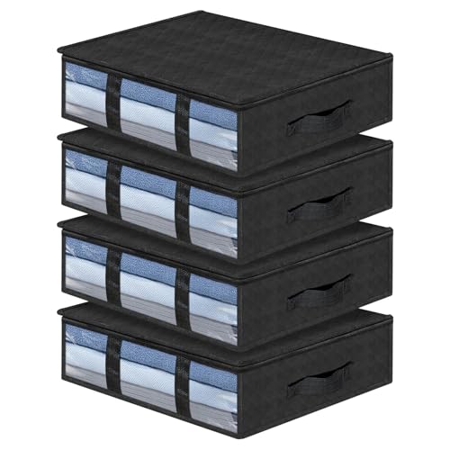 AiQInu Underbed Storage Boxes, 4 Pieces Under Bed Organizer with Observation Window and Handle, Space-Saving Foldable Wardrobe Organizer for Clothes Blankets Duvets